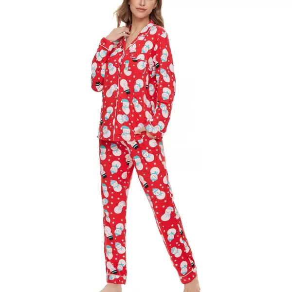 SWOMOG Womens Pajamas Set Long Sleeve Sleepwear Button Down Nightwear Soft Pj Lounge SetsSnowman Red