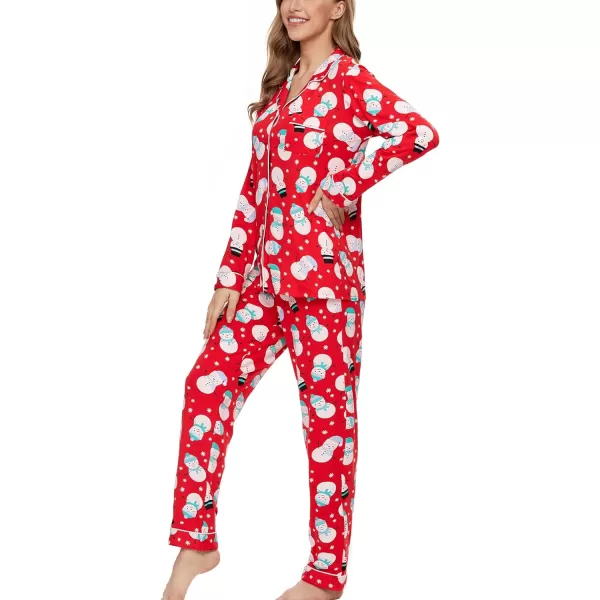 SWOMOG Womens Pajamas Set Long Sleeve Sleepwear Button Down Nightwear Soft Pj Lounge SetsSnowman Red