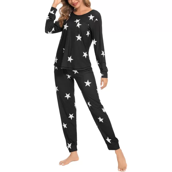 SWOMOG Womens Pajamas Set Long Sleeve Sleepwear with Pants 2 Pieces Cozy Modal Loungewear Pj Set03blackwhite Star