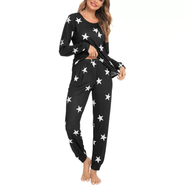 SWOMOG Womens Pajamas Set Long Sleeve Sleepwear with Pants 2 Pieces Cozy Modal Loungewear Pj Set03blackwhite Star