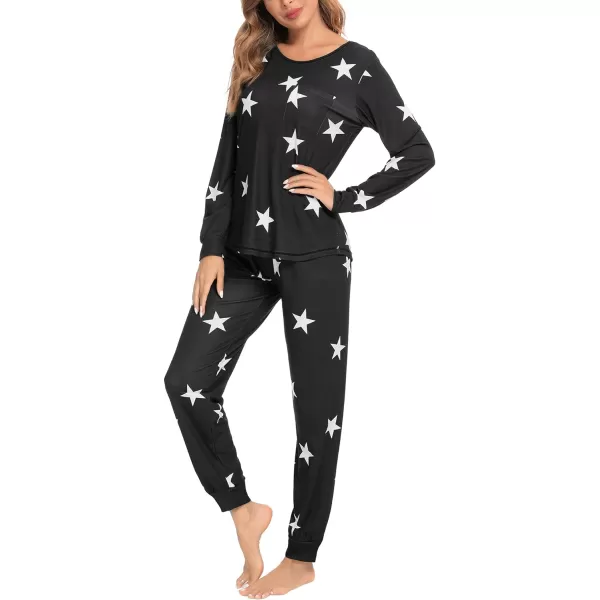 SWOMOG Womens Pajamas Set Long Sleeve Sleepwear with Pants 2 Pieces Cozy Modal Loungewear Pj Set03blackwhite Star