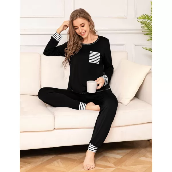 SWOMOG Womens Pajamas Set Long Sleeve Sleepwear with Pants 2 Pieces Cozy Modal Loungewear Pj Set0black