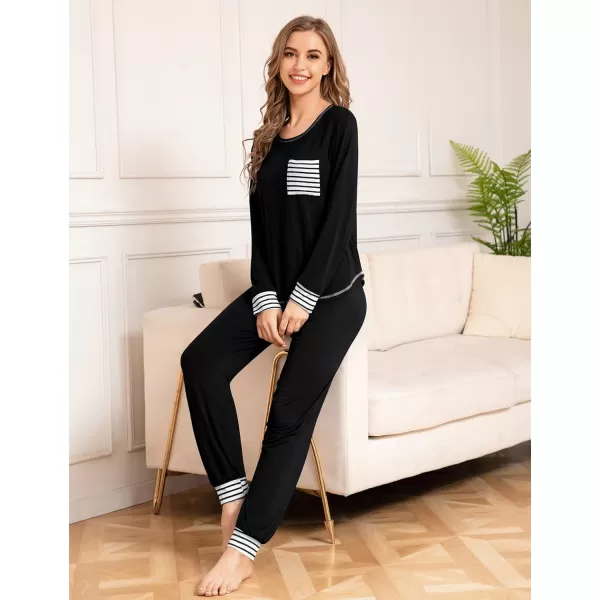 SWOMOG Womens Pajamas Set Long Sleeve Sleepwear with Pants 2 Pieces Cozy Modal Loungewear Pj Set0black