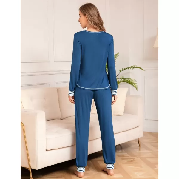 SWOMOG Womens Pajamas Set Long Sleeve Sleepwear with Pants 2 Pieces Cozy Modal Loungewear Pj Set0blue