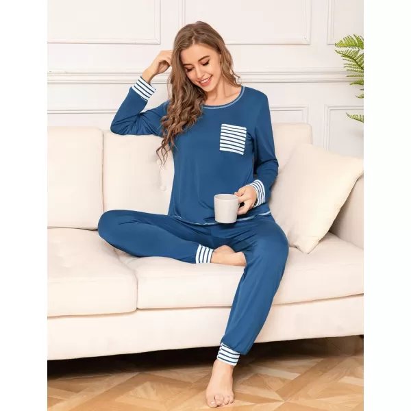 SWOMOG Womens Pajamas Set Long Sleeve Sleepwear with Pants 2 Pieces Cozy Modal Loungewear Pj Set0blue