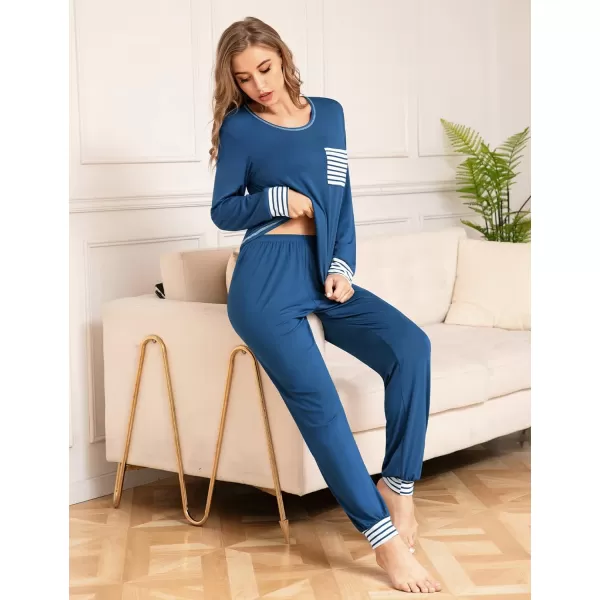 SWOMOG Womens Pajamas Set Long Sleeve Sleepwear with Pants 2 Pieces Cozy Modal Loungewear Pj Set0blue