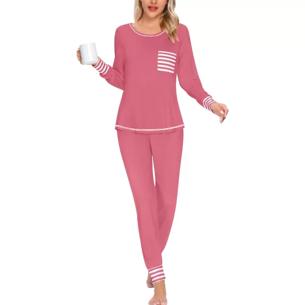 SWOMOG Womens Pajamas Set Long Sleeve Sleepwear with Pants 2 Pieces Cozy Modal Loungewear Pj Set0coral