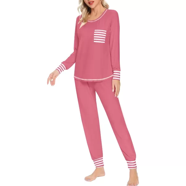 SWOMOG Womens Pajamas Set Long Sleeve Sleepwear with Pants 2 Pieces Cozy Modal Loungewear Pj Set0coral