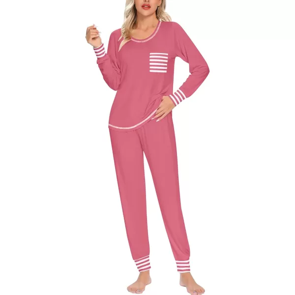 SWOMOG Womens Pajamas Set Long Sleeve Sleepwear with Pants 2 Pieces Cozy Modal Loungewear Pj Set0coral