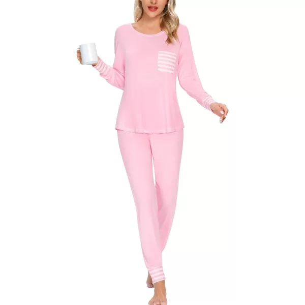 SWOMOG Womens Pajamas Set Long Sleeve Sleepwear with Pants 2 Pieces Cozy Modal Loungewear Pj Set0pink