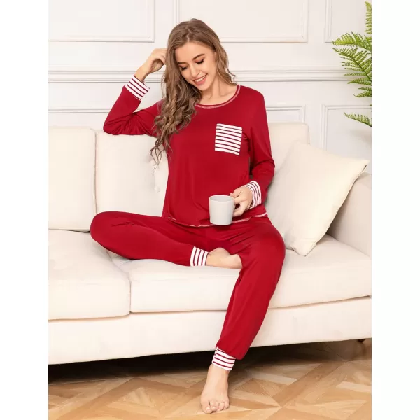 SWOMOG Womens Pajamas Set Long Sleeve Sleepwear with Pants 2 Pieces Cozy Modal Loungewear Pj Set0red