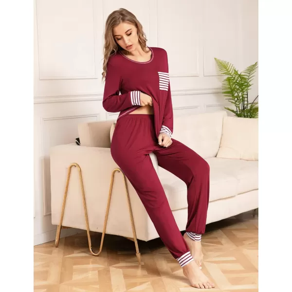 SWOMOG Womens Pajamas Set Long Sleeve Sleepwear with Pants 2 Pieces Cozy Modal Loungewear Pj Set0wine Red