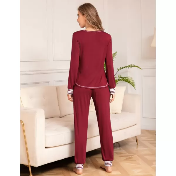 SWOMOG Womens Pajamas Set Long Sleeve Sleepwear with Pants 2 Pieces Cozy Modal Loungewear Pj Set0wine Red