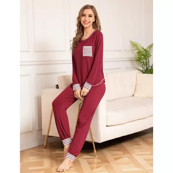 SWOMOG Womens Pajamas Set Long Sleeve Sleepwear with Pants 2 Pieces Cozy Modal Loungewear Pj Set0wine Red