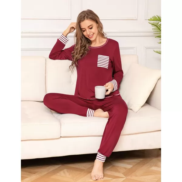 SWOMOG Womens Pajamas Set Long Sleeve Sleepwear with Pants 2 Pieces Cozy Modal Loungewear Pj Set0wine Red