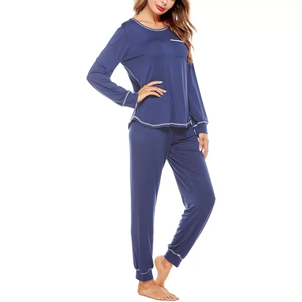 SWOMOG Womens Pajamas Set Long Sleeve Sleepwear with Pants 2 Pieces Cozy Modal Loungewear Pj Set2navy Blue