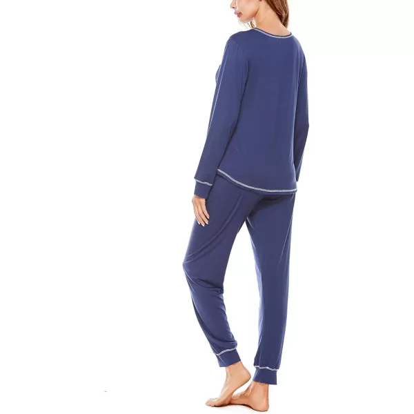 SWOMOG Womens Pajamas Set Long Sleeve Sleepwear with Pants 2 Pieces Cozy Modal Loungewear Pj Set2navy Blue