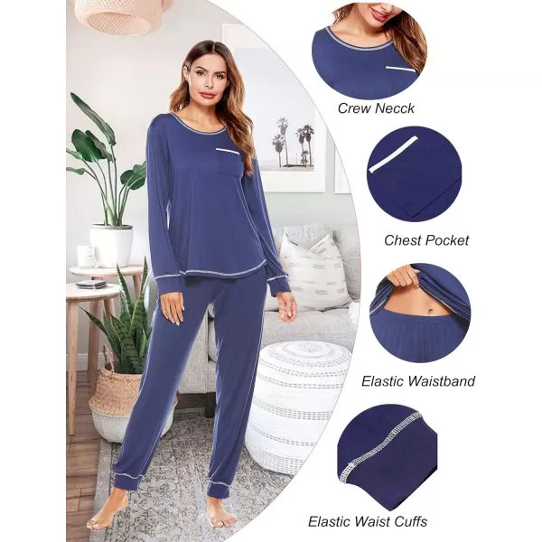 SWOMOG Womens Pajamas Set Long Sleeve Sleepwear with Pants 2 Pieces Cozy Modal Loungewear Pj Set2navy Blue