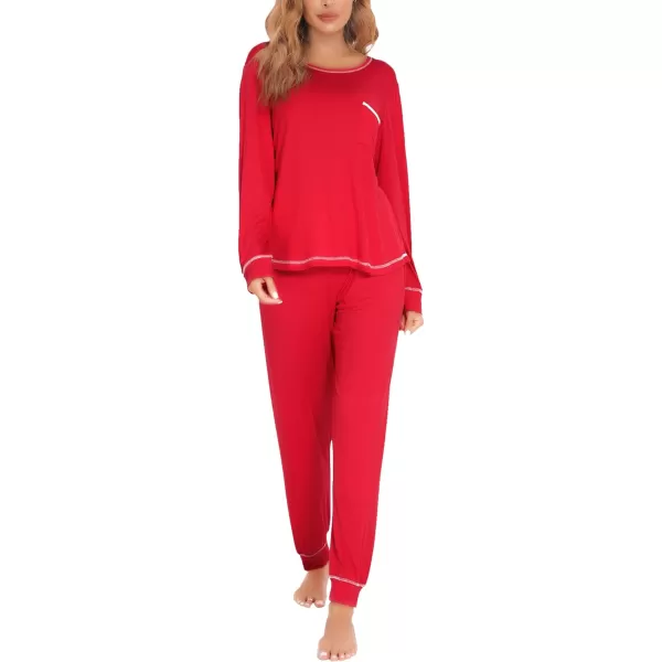 SWOMOG Womens Pajamas Set Long Sleeve Sleepwear with Pants 2 Pieces Cozy Modal Loungewear Pj Set2red