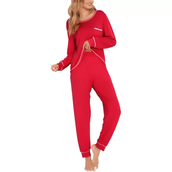 SWOMOG Womens Pajamas Set Long Sleeve Sleepwear with Pants 2 Pieces Cozy Modal Loungewear Pj Set2red