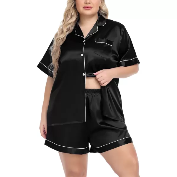 SWOMOG Womens Plus Size Pajama Set Silk Satin Pajamas Button Down Loungewear Set Short Sleeve Shirt and Shorts SleepwearBlack