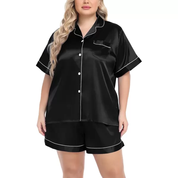 SWOMOG Womens Plus Size Pajama Set Silk Satin Pajamas Button Down Loungewear Set Short Sleeve Shirt and Shorts SleepwearBlack