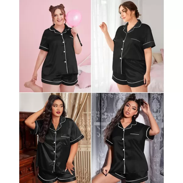 SWOMOG Womens Plus Size Pajama Set Silk Satin Pajamas Button Down Loungewear Set Short Sleeve Shirt and Shorts SleepwearBlack