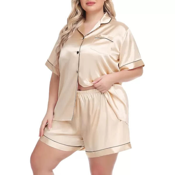 SWOMOG Womens Plus Size Pajama Set Silk Satin Pajamas Button Down Loungewear Set Short Sleeve Shirt and Shorts SleepwearChampagne