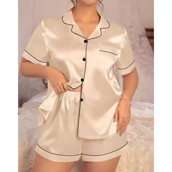 SWOMOG Womens Plus Size Pajama Set Silk Satin Pajamas Button Down Loungewear Set Short Sleeve Shirt and Shorts SleepwearChampagne