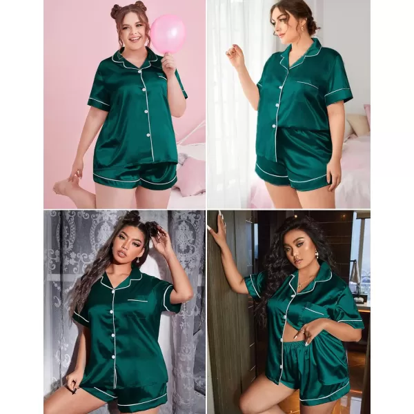 SWOMOG Womens Plus Size Pajama Set Silk Satin Pajamas Button Down Loungewear Set Short Sleeve Shirt and Shorts SleepwearGreen