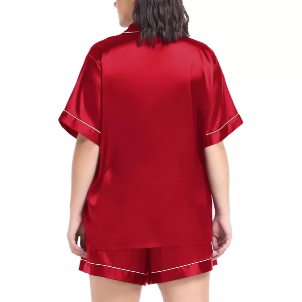 SWOMOG Womens Plus Size Pajama Set Silk Satin Pajamas Button Down Loungewear Set Short Sleeve Shirt and Shorts SleepwearRed