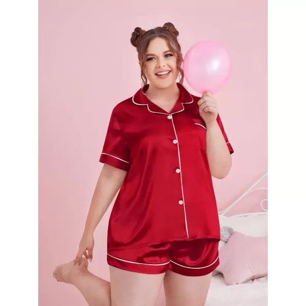 SWOMOG Womens Plus Size Pajama Set Silk Satin Pajamas Button Down Loungewear Set Short Sleeve Shirt and Shorts SleepwearRed