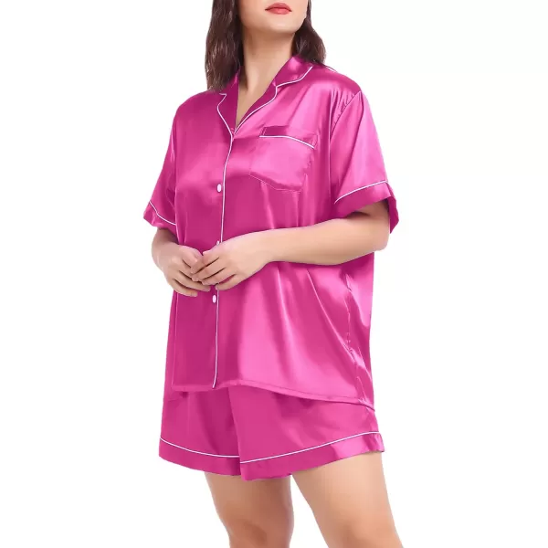 SWOMOG Womens Plus Size Pajama Set Silk Satin Pajamas Button Down Loungewear Set Short Sleeve Shirt and Shorts SleepwearRose Red