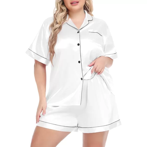 SWOMOG Womens Plus Size Pajama Set Silk Satin Pajamas Button Down Loungewear Set Short Sleeve Shirt and Shorts SleepwearWhite