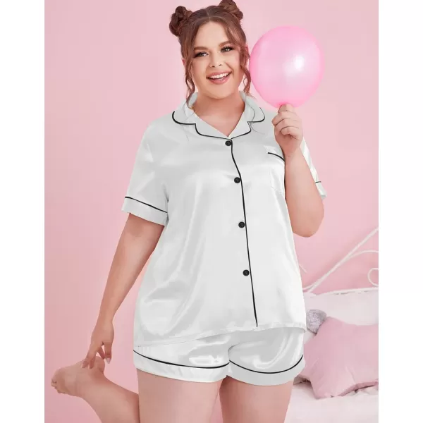 SWOMOG Womens Plus Size Pajama Set Silk Satin Pajamas Button Down Loungewear Set Short Sleeve Shirt and Shorts SleepwearWhite