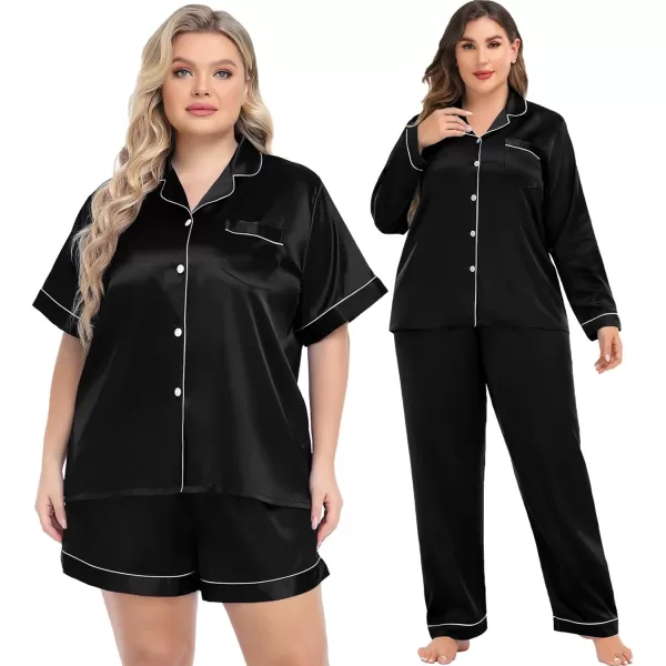 SWOMOG Womens Plus Size Pajama Sets Silk Satin 4 Pcs Pajamas Button Down Loungewear Silky Sleepwear Nightwear 16W26WBlack