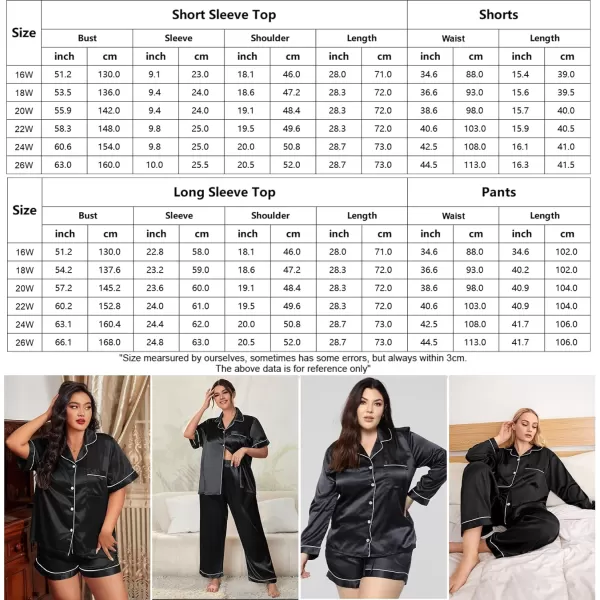 SWOMOG Womens Plus Size Pajama Sets Silk Satin 4 Pcs Pajamas Button Down Loungewear Silky Sleepwear Nightwear 16W26WBlack