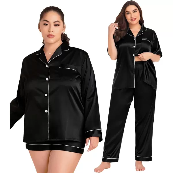 SWOMOG Womens Plus Size Pajama Sets Silk Satin 4 Pcs Pajamas Button Down Loungewear Silky Sleepwear Nightwear 16W26WBlack