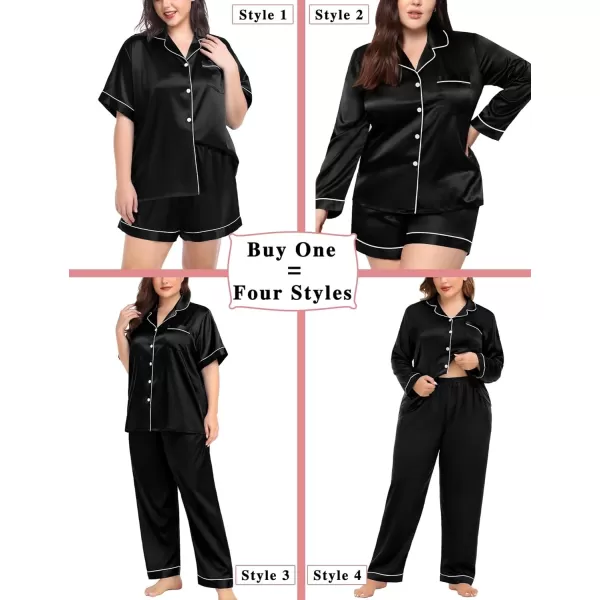 SWOMOG Womens Plus Size Pajama Sets Silk Satin 4 Pcs Pajamas Button Down Loungewear Silky Sleepwear Nightwear 16W26WBlack