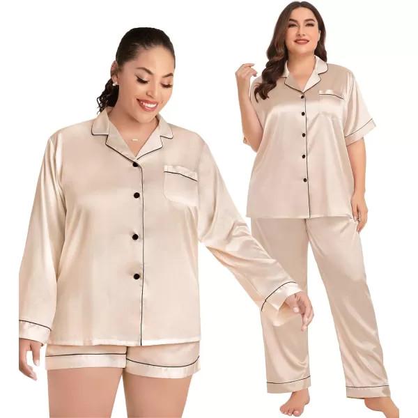 SWOMOG Womens Plus Size Pajama Sets Silk Satin 4 Pcs Pajamas Button Down Loungewear Silky Sleepwear Nightwear 16W26WChampagne