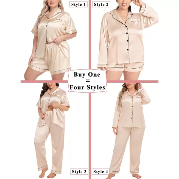 SWOMOG Womens Plus Size Pajama Sets Silk Satin 4 Pcs Pajamas Button Down Loungewear Silky Sleepwear Nightwear 16W26WChampagne