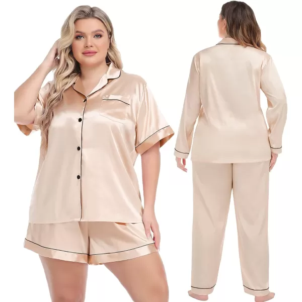 SWOMOG Womens Plus Size Pajama Sets Silk Satin 4 Pcs Pajamas Button Down Loungewear Silky Sleepwear Nightwear 16W26WChampagne