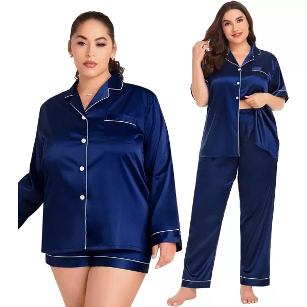 SWOMOG Womens Plus Size Pajama Sets Silk Satin 4 Pcs Pajamas Button Down Loungewear Silky Sleepwear Nightwear 16W26WNavy Blue