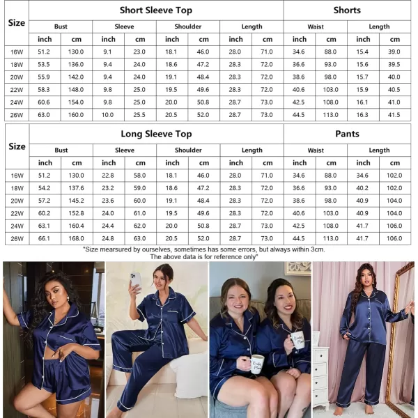 SWOMOG Womens Plus Size Pajama Sets Silk Satin 4 Pcs Pajamas Button Down Loungewear Silky Sleepwear Nightwear 16W26WNavy Blue