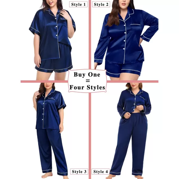 SWOMOG Womens Plus Size Pajama Sets Silk Satin 4 Pcs Pajamas Button Down Loungewear Silky Sleepwear Nightwear 16W26WNavy Blue