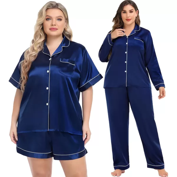 SWOMOG Womens Plus Size Pajama Sets Silk Satin 4 Pcs Pajamas Button Down Loungewear Silky Sleepwear Nightwear 16W26WNavy Blue