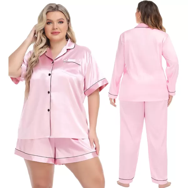 SWOMOG Womens Plus Size Pajama Sets Silk Satin 4 Pcs Pajamas Button Down Loungewear Silky Sleepwear Nightwear 16W26WPink