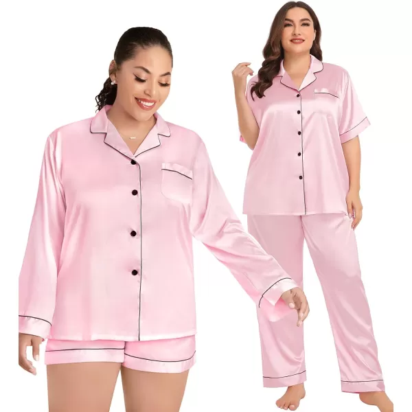 SWOMOG Womens Plus Size Pajama Sets Silk Satin 4 Pcs Pajamas Button Down Loungewear Silky Sleepwear Nightwear 16W26WPink