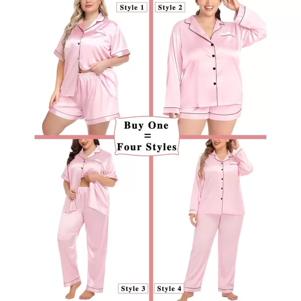 SWOMOG Womens Plus Size Pajama Sets Silk Satin 4 Pcs Pajamas Button Down Loungewear Silky Sleepwear Nightwear 16W26WPink