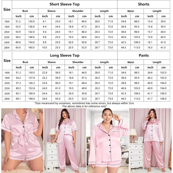 SWOMOG Womens Plus Size Pajama Sets Silk Satin 4 Pcs Pajamas Button Down Loungewear Silky Sleepwear Nightwear 16W26WPink